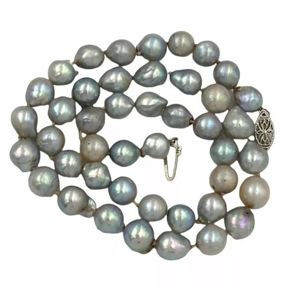 14k WG Grey Freshwater Pearl Antique Deco Necklace - Picture 2 of 7